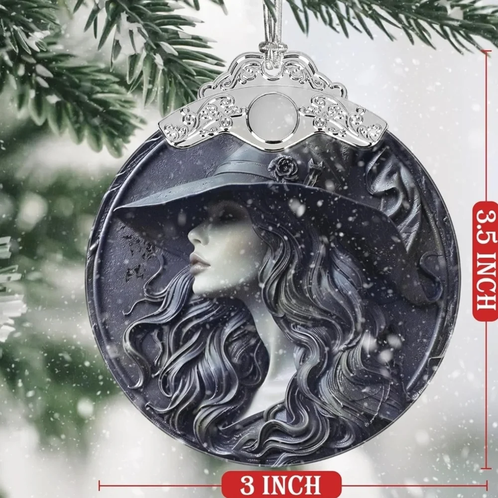 Goth Black and Silver Witch Glass Ornament